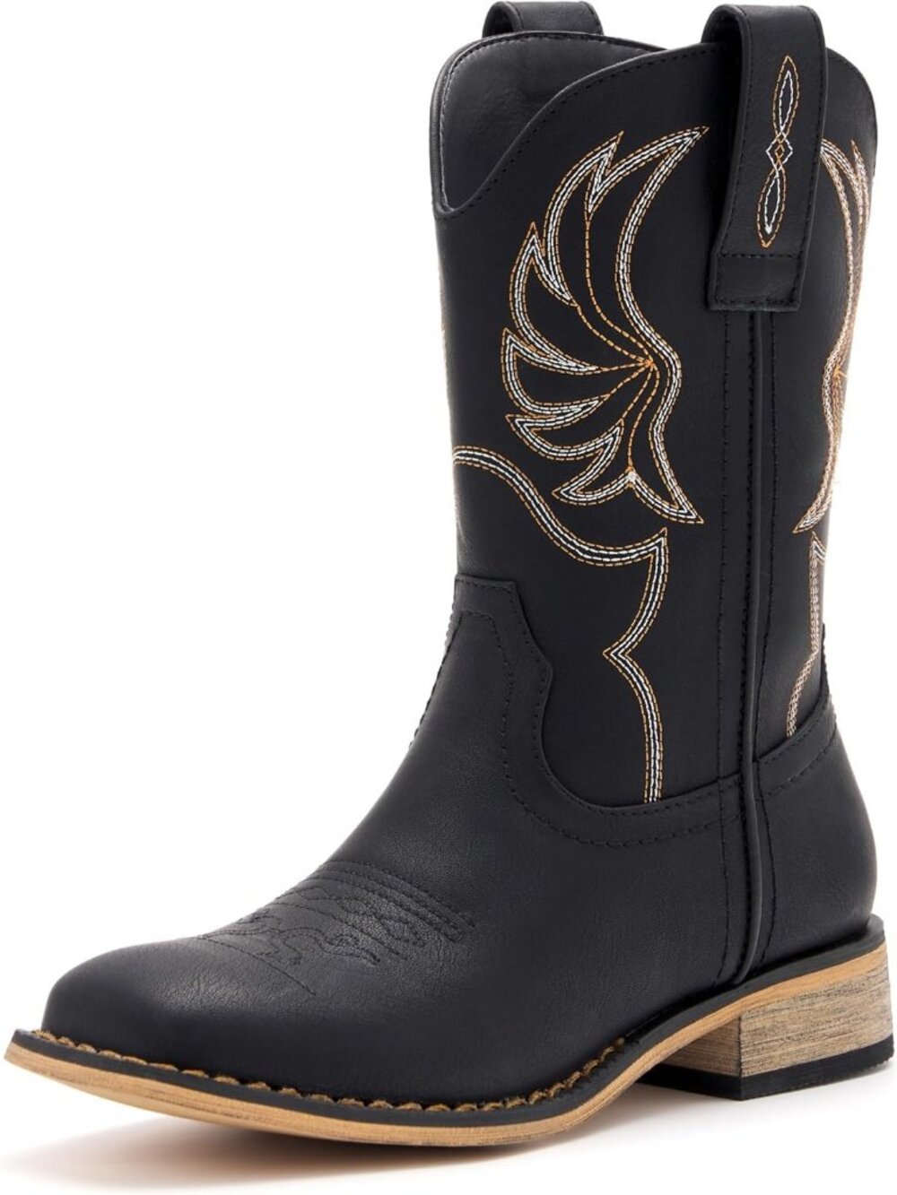 Girls Black Embroidered Cowgirl Stylish Girls Mid Calf Toe Riding Shoes Boots
